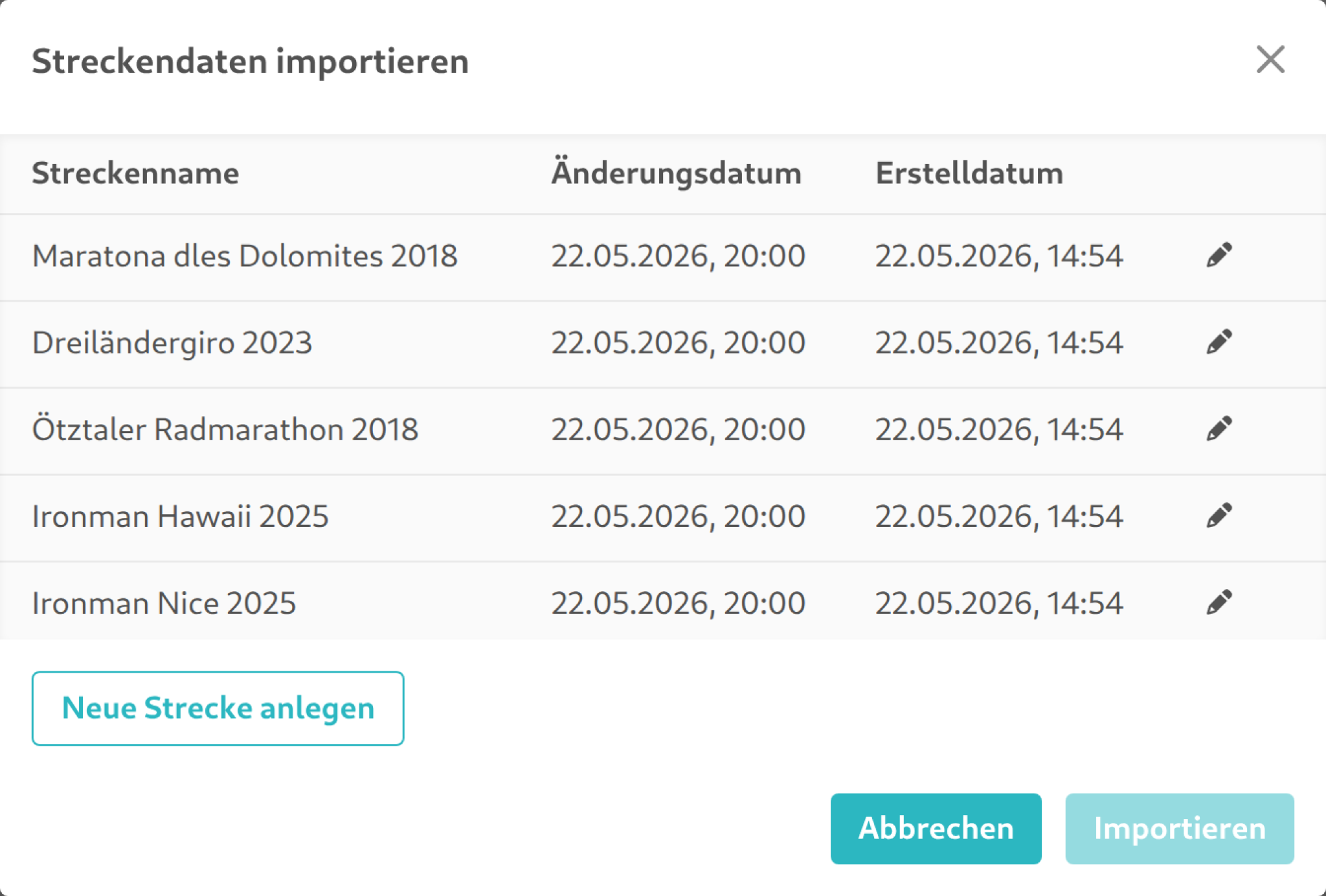 Dialog zum Importieren einer Streckendatei