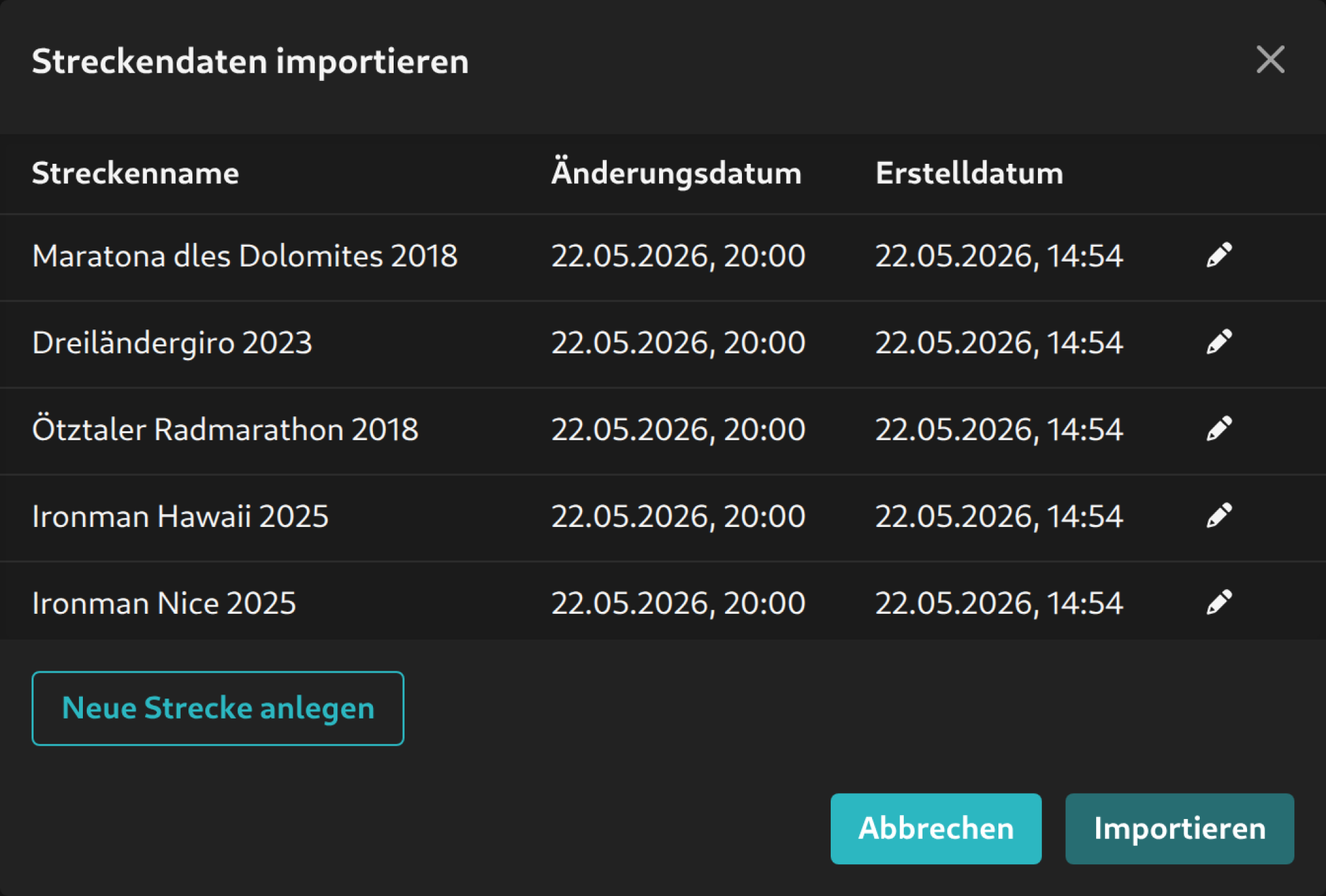Dialog zum Importieren einer Streckendatei
