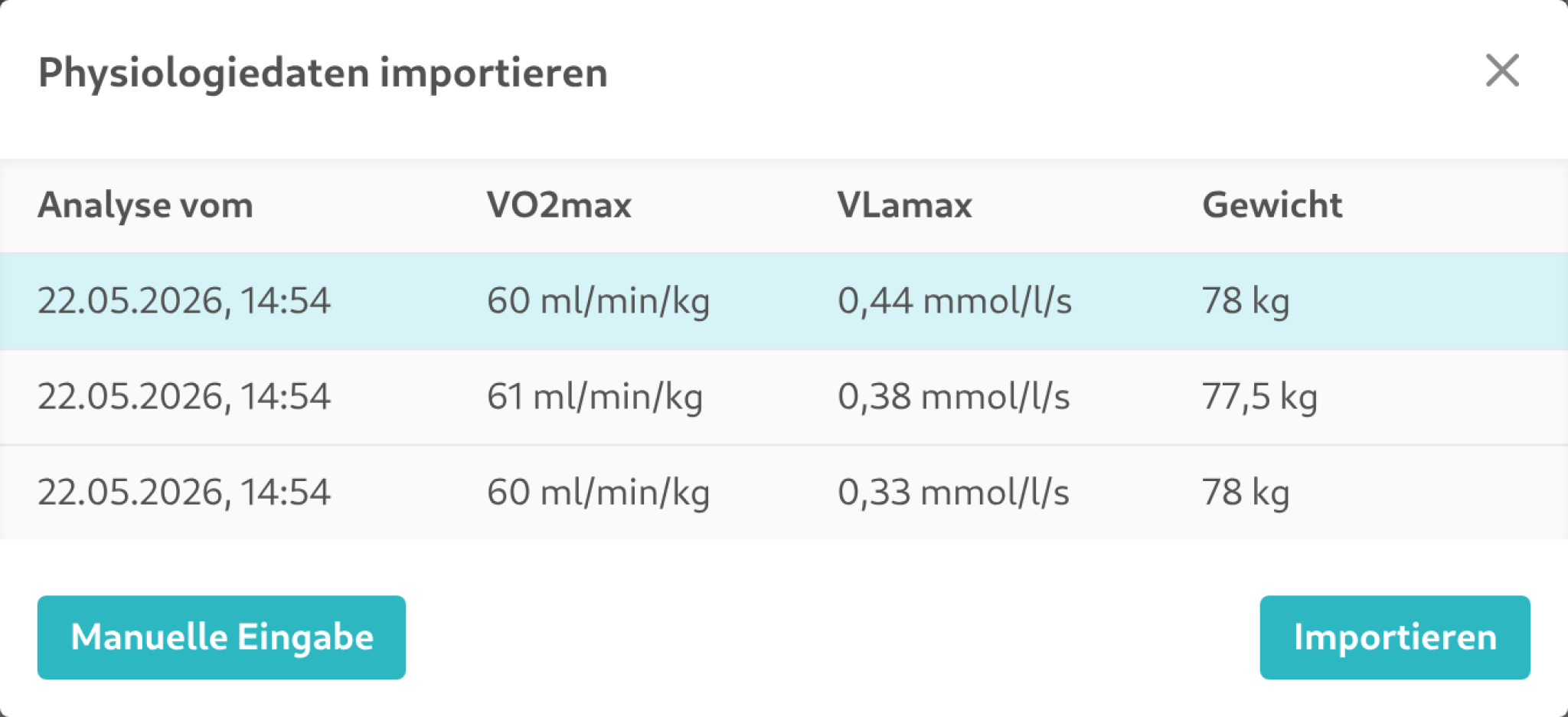 Analyse-Import-Dialog über dem Physiologie-Tab der Seitenleiste