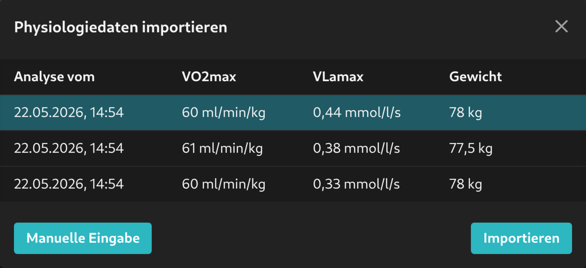 Analyse-Import-Dialog über dem Physiologie-Tab der Seitenleiste