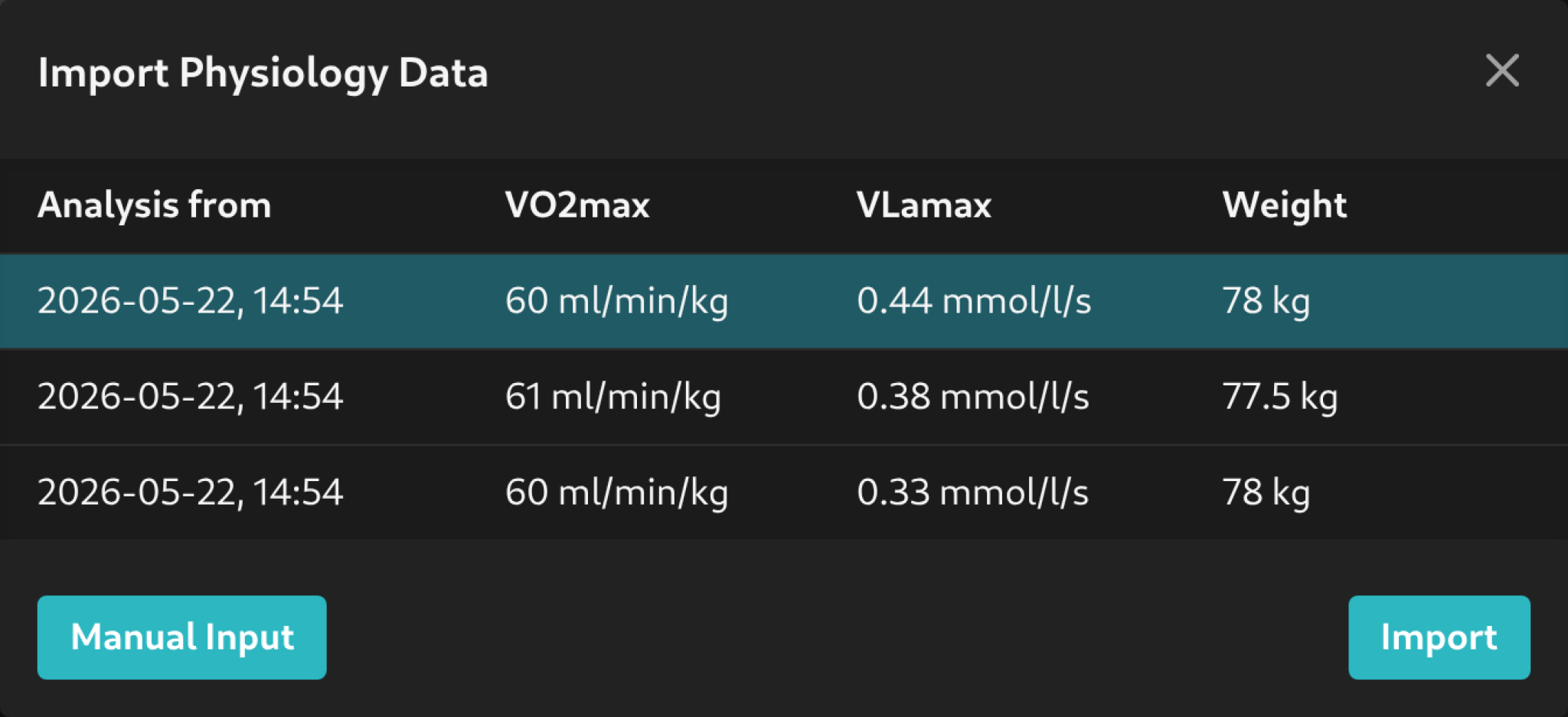 Analysis import dialog opened over the Physiology sidebar tab