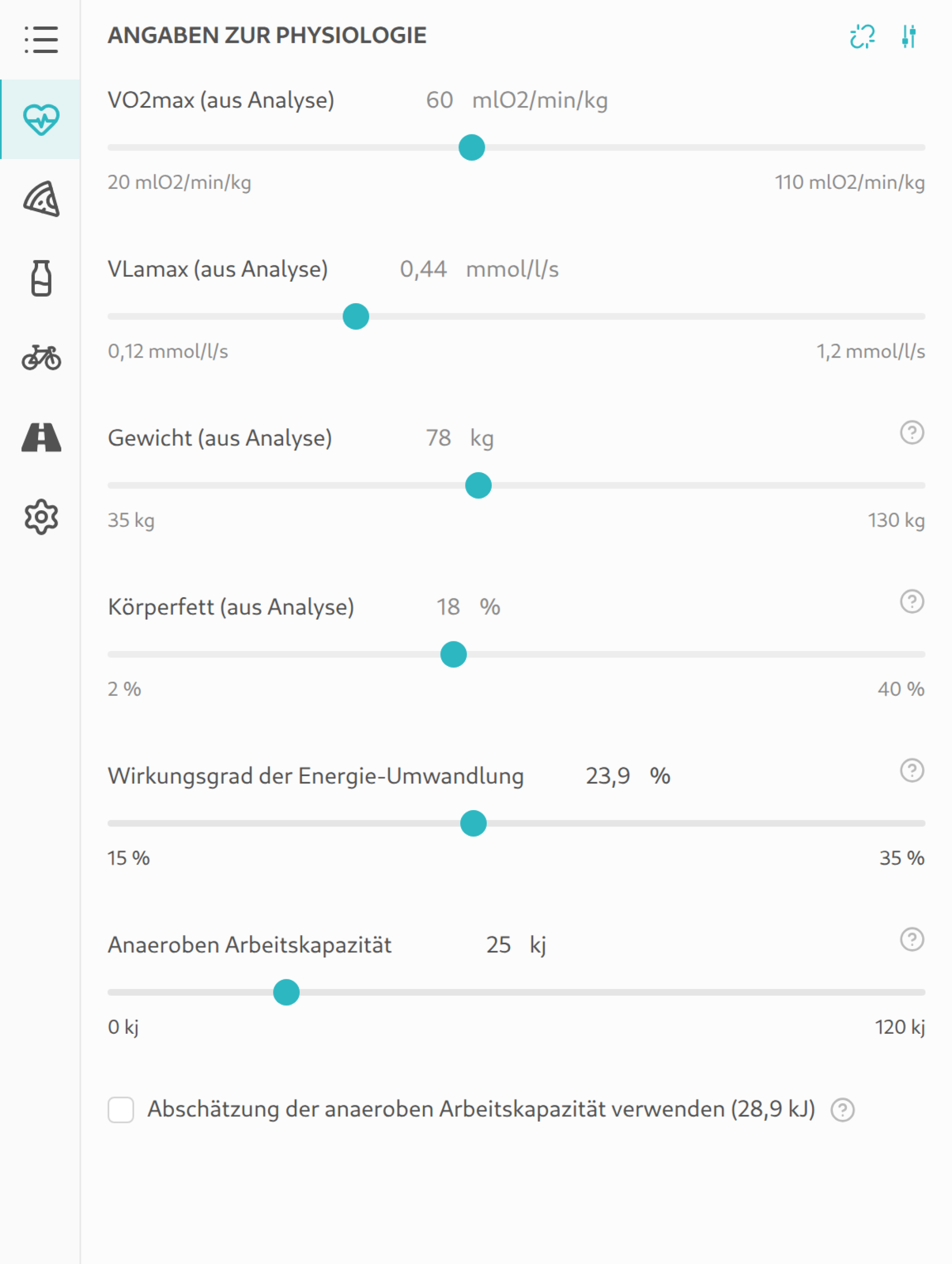 Physiologie-Tab in der Seitenleiste mit aus einer AI DIAGNOSTICS Analyse übernommenen Werten