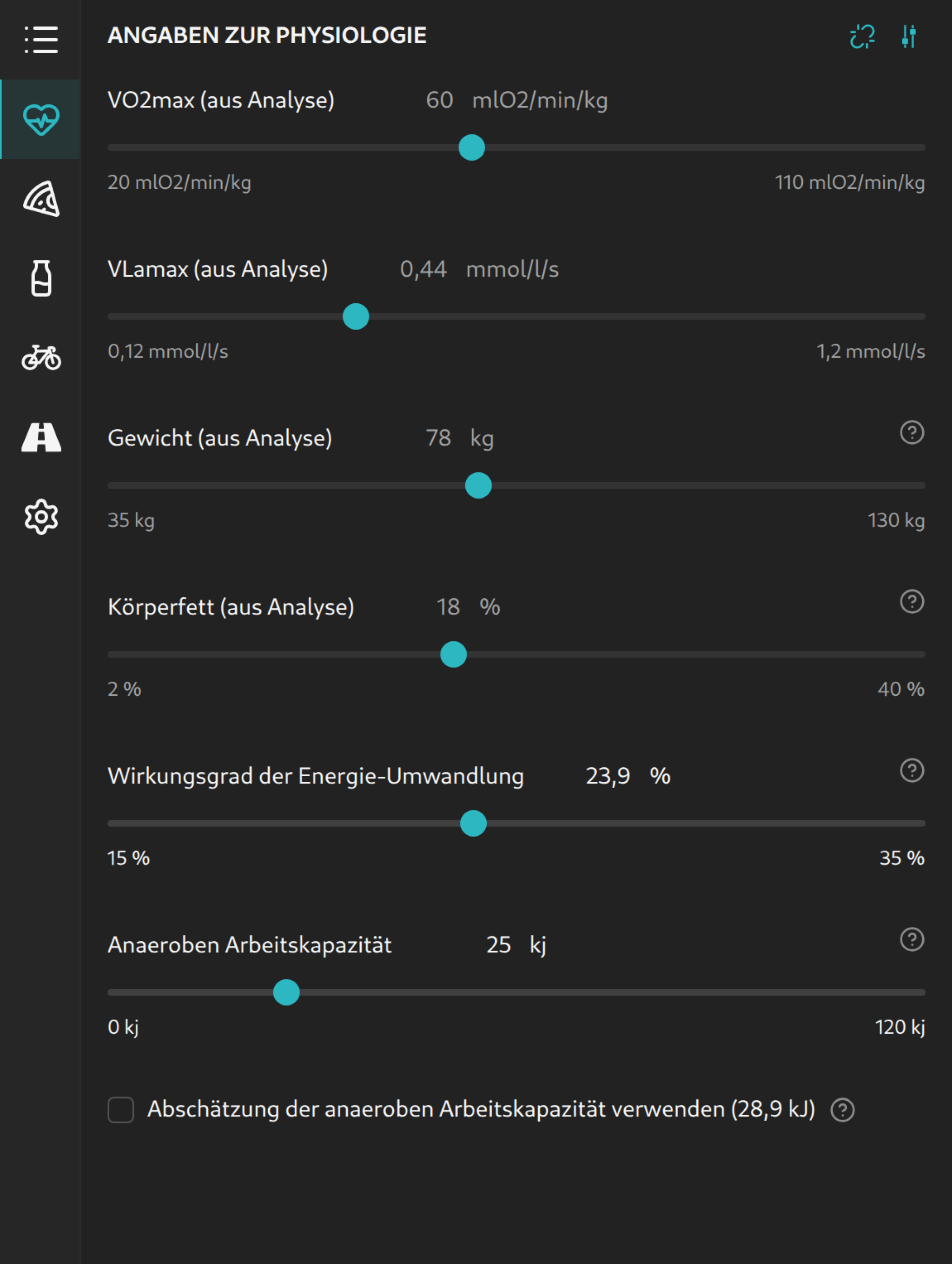 Physiologie-Tab in der Seitenleiste mit aus einer AI DIAGNOSTICS Analyse übernommenen Werten