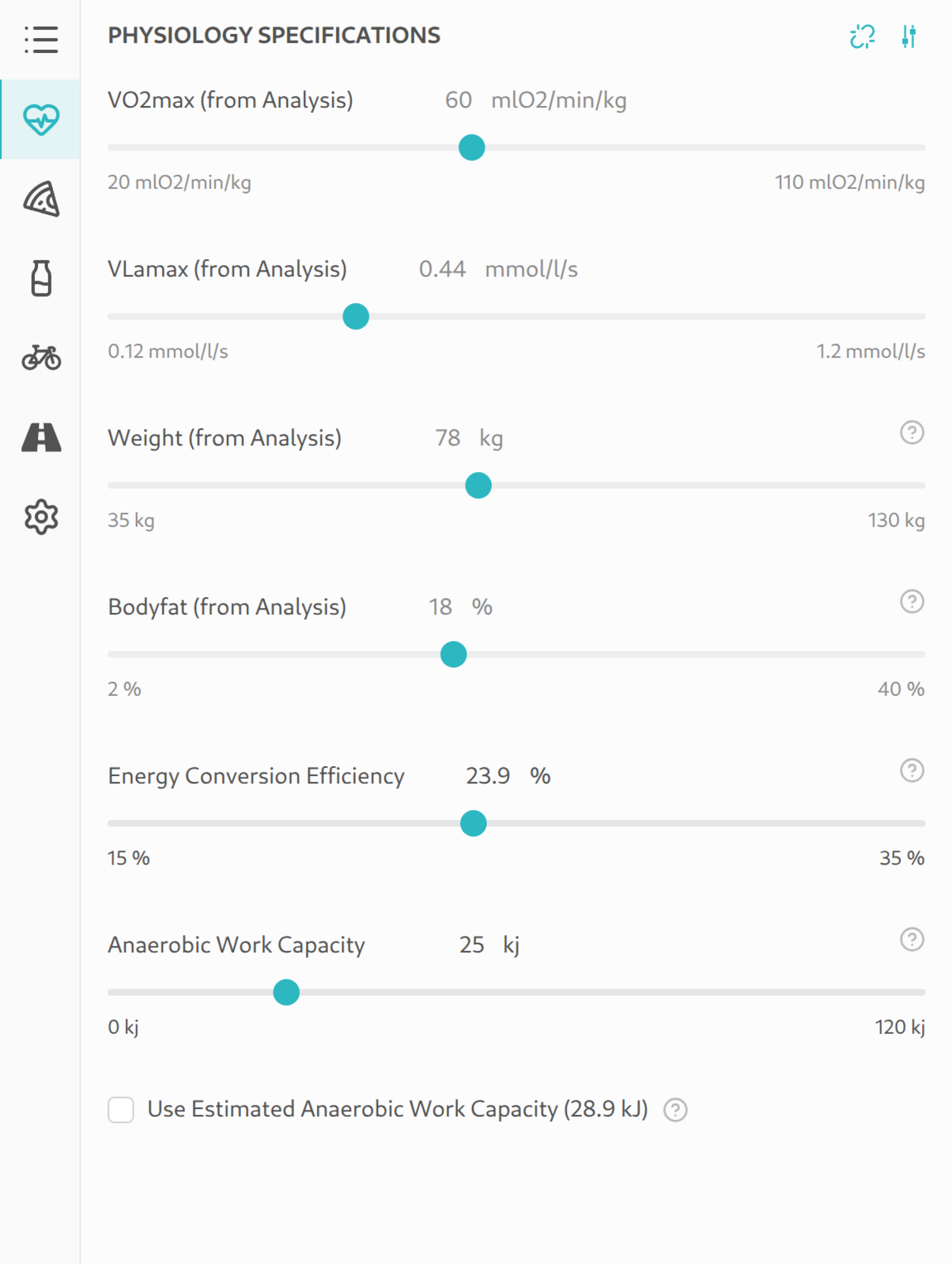 Physiology sidebar tab with values taken from an AI DIAGNOSTICS analysis