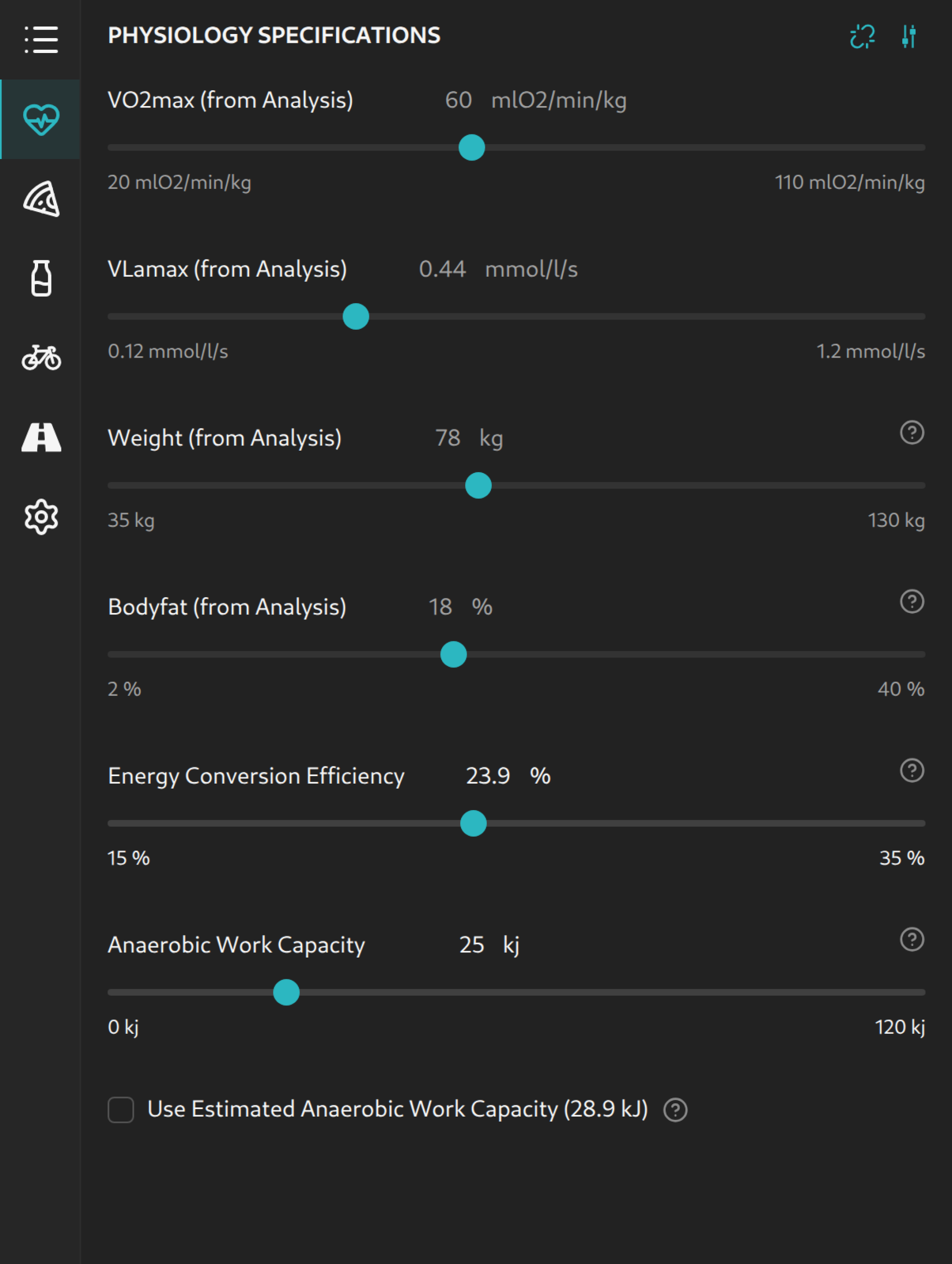 Physiology sidebar tab with values taken from an AI DIAGNOSTICS analysis