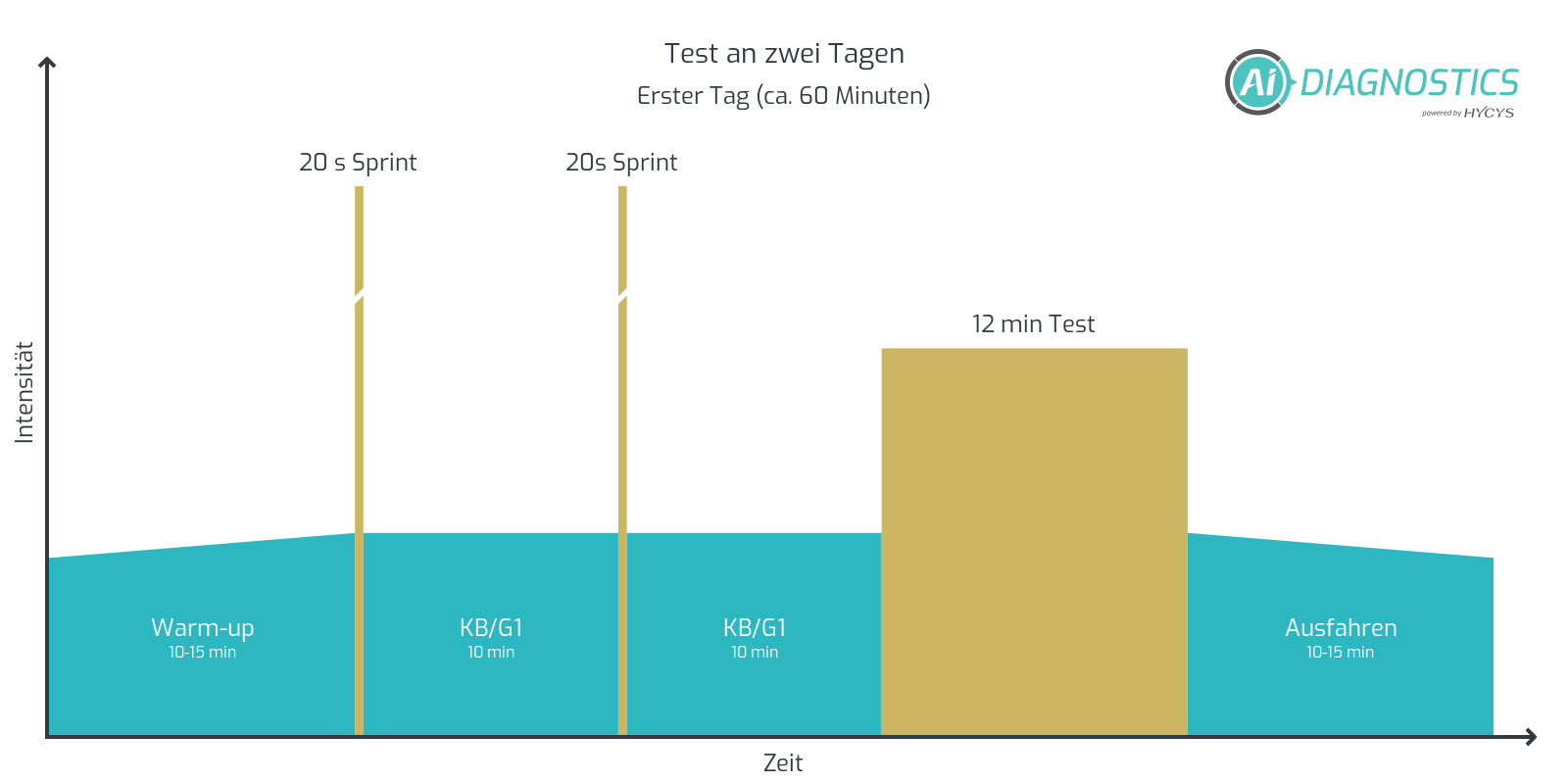 Protokoll zur Durchführung des Tests an zwei Tagen: Zwei All-Out-Sprints und ein 12-Minuten-Test in der ersten Session