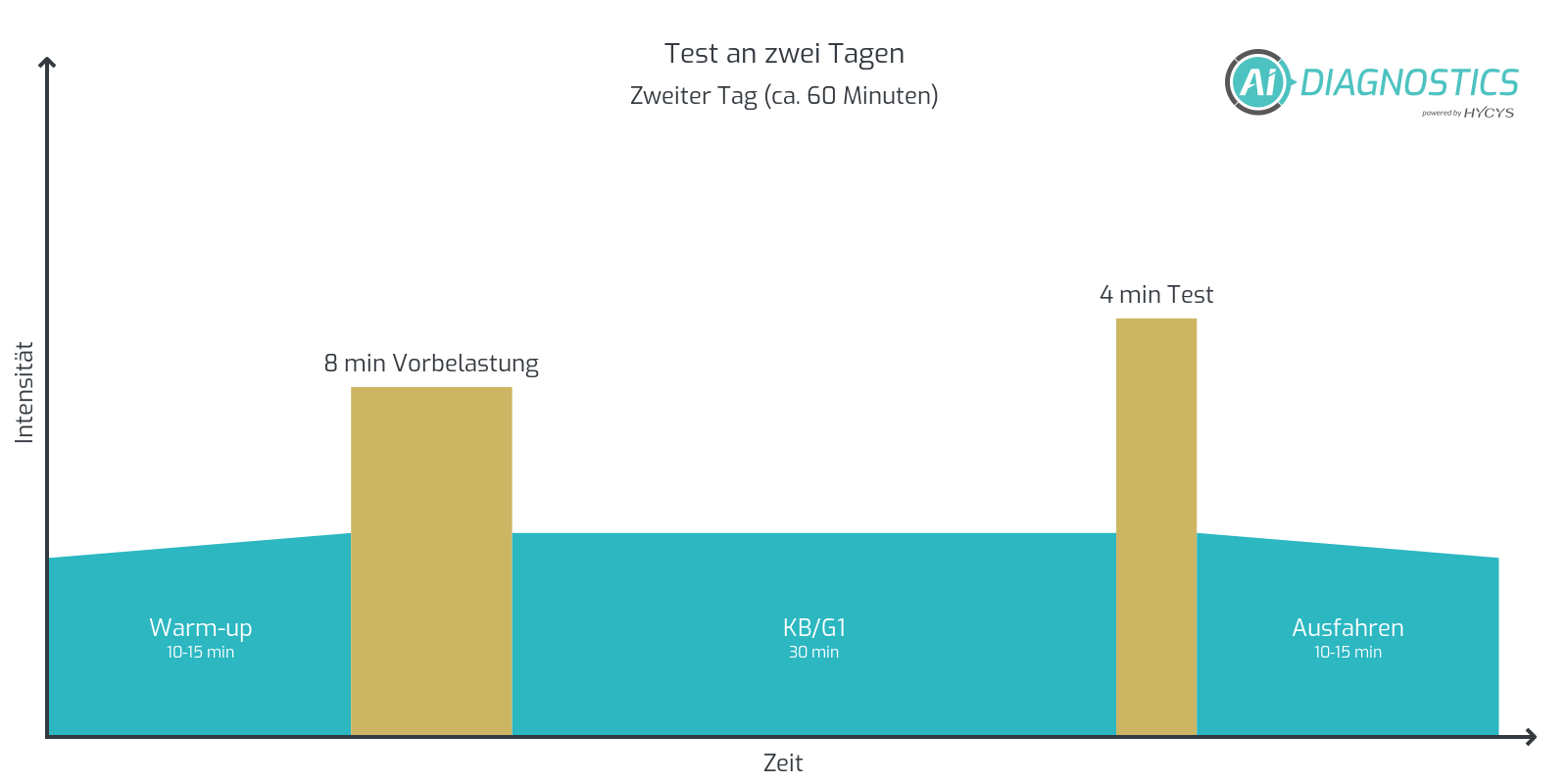 Protokoll zur Durchführung des Tests an zwei Tagen: 8 Minuten Vorbelastung und ein 4 Minuten-Test in der zweiten Session